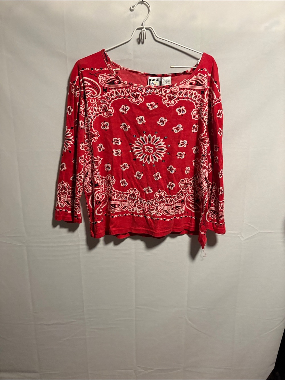 Red Bandana-Print Long Sleeve Scoop Neck Top